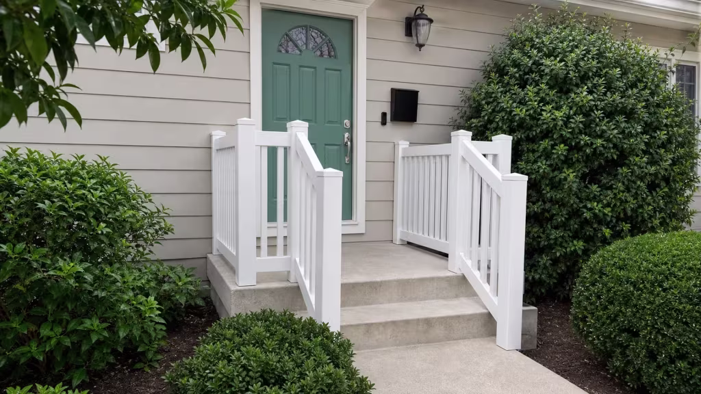 Beside the mailbox and exterior lamp, White vinyl porch railing rings a small concrete entry landing
