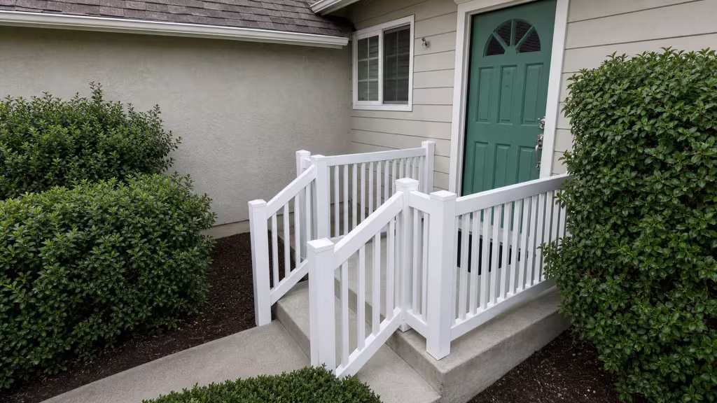 A teal paneled front door stands beside White vinyl porch railing wrapping a raised concrete landing