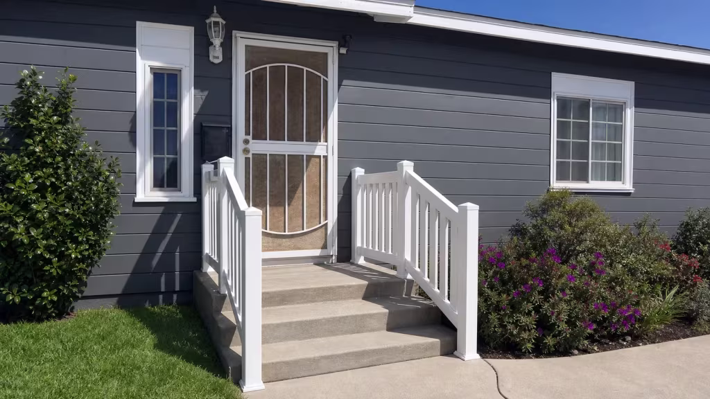 Against a dark gray sided house, White vinyl stair railing flanks a short concrete stoop