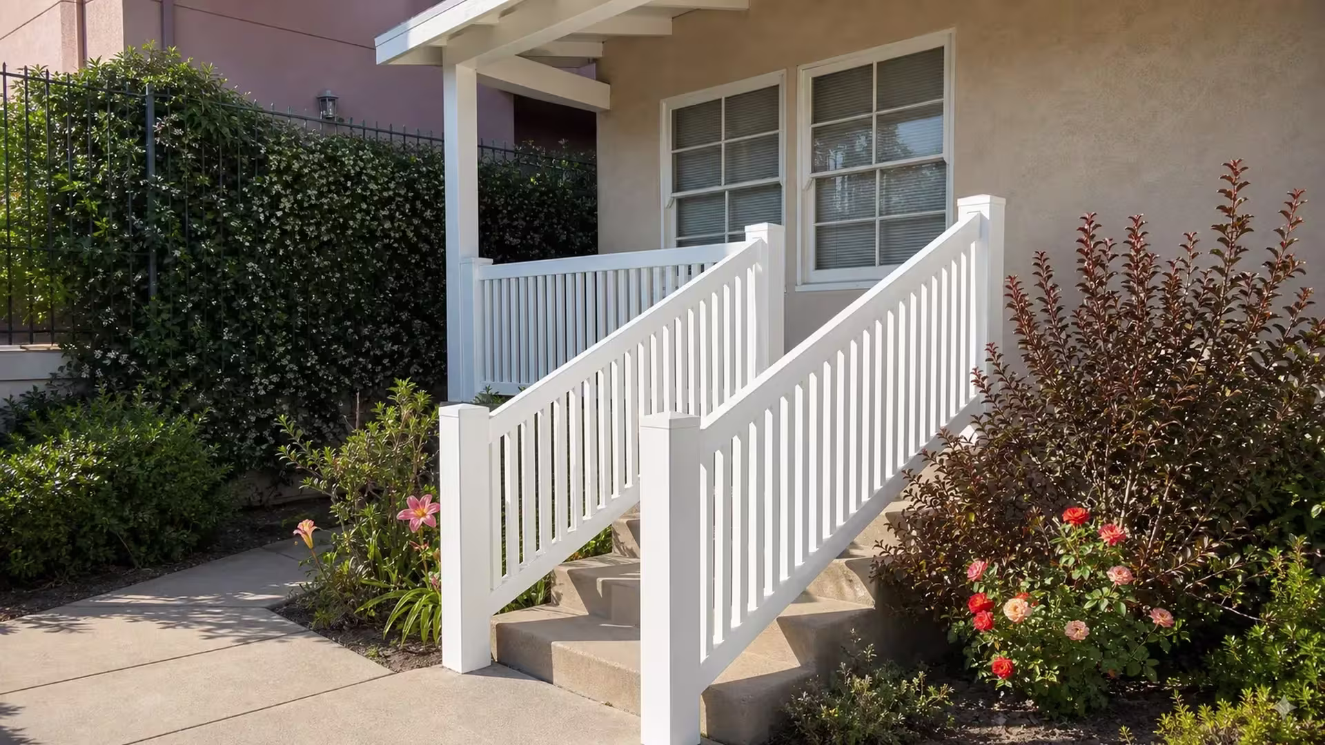 Beside a neighboring metal fence, White vinyl stair and landing railing runs down the steps
