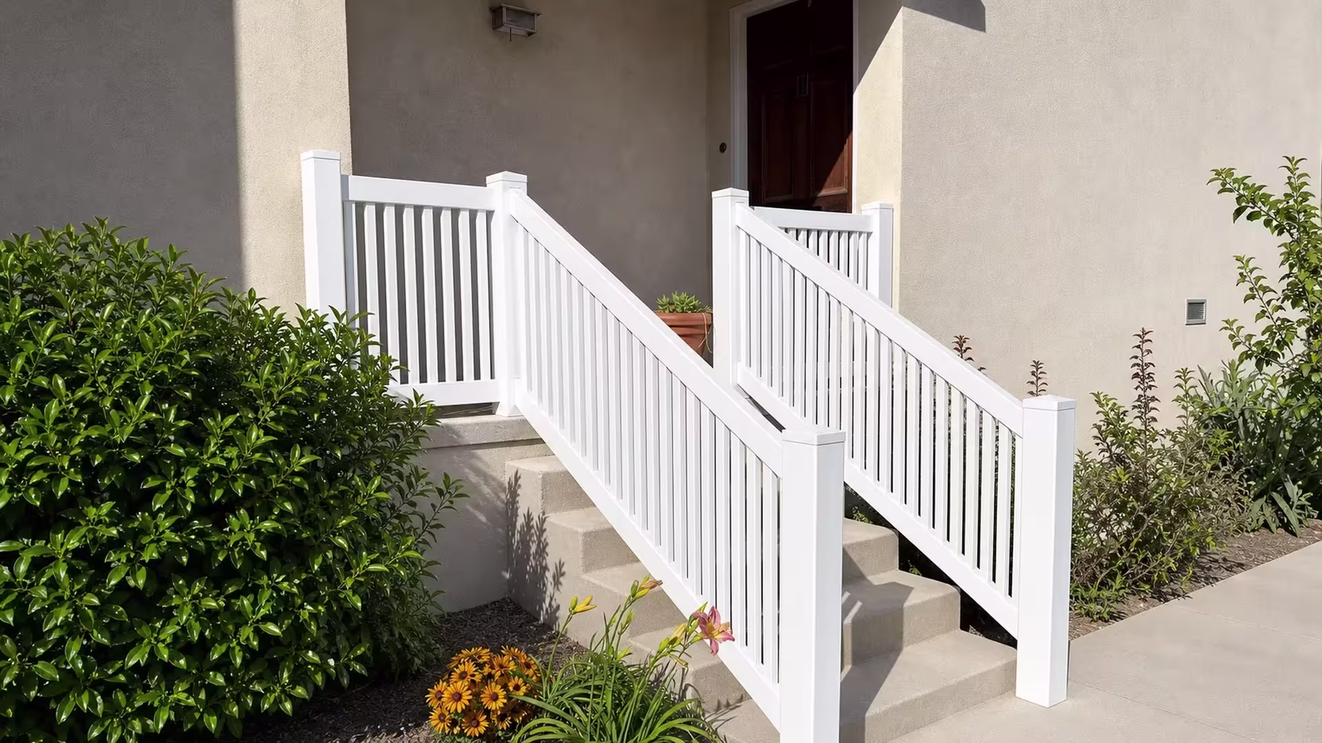 White vinyl stair railing lines both sides of the steps beside a recessed brown front door