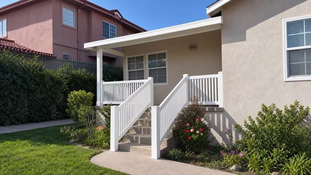 White vinyl railing forms four connected sections, two sloped and two level, down a stairway