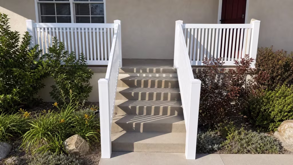 White vinyl stair railing runs beside a large multi pane window with its blinds closed