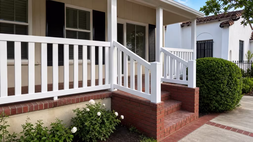 A raised brick porch beside a Spanish style stucco building carries White vinyl stair railing down its steps