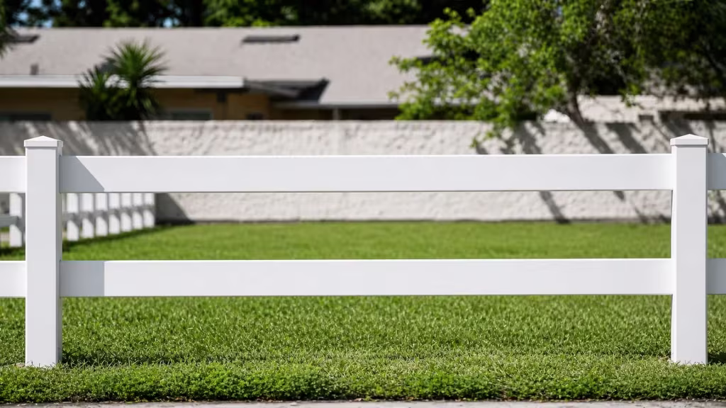 A White vinyl ranch fence with two horizontal rails borders a lawn beside a low concrete wall