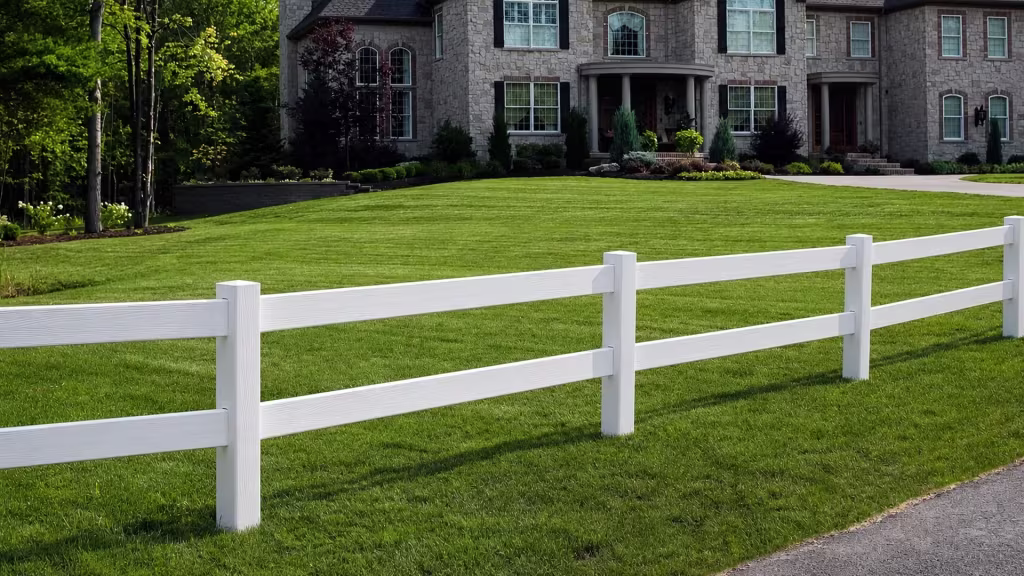 White vinyl ranch rails with a woodgrain texture run before a stone house and driveway