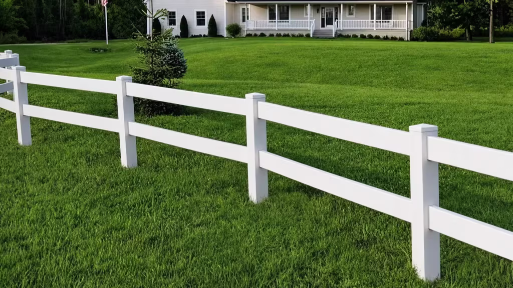 Two White vinyl rails span a ranch-style fence angling across the lawn toward a farmhouse porch