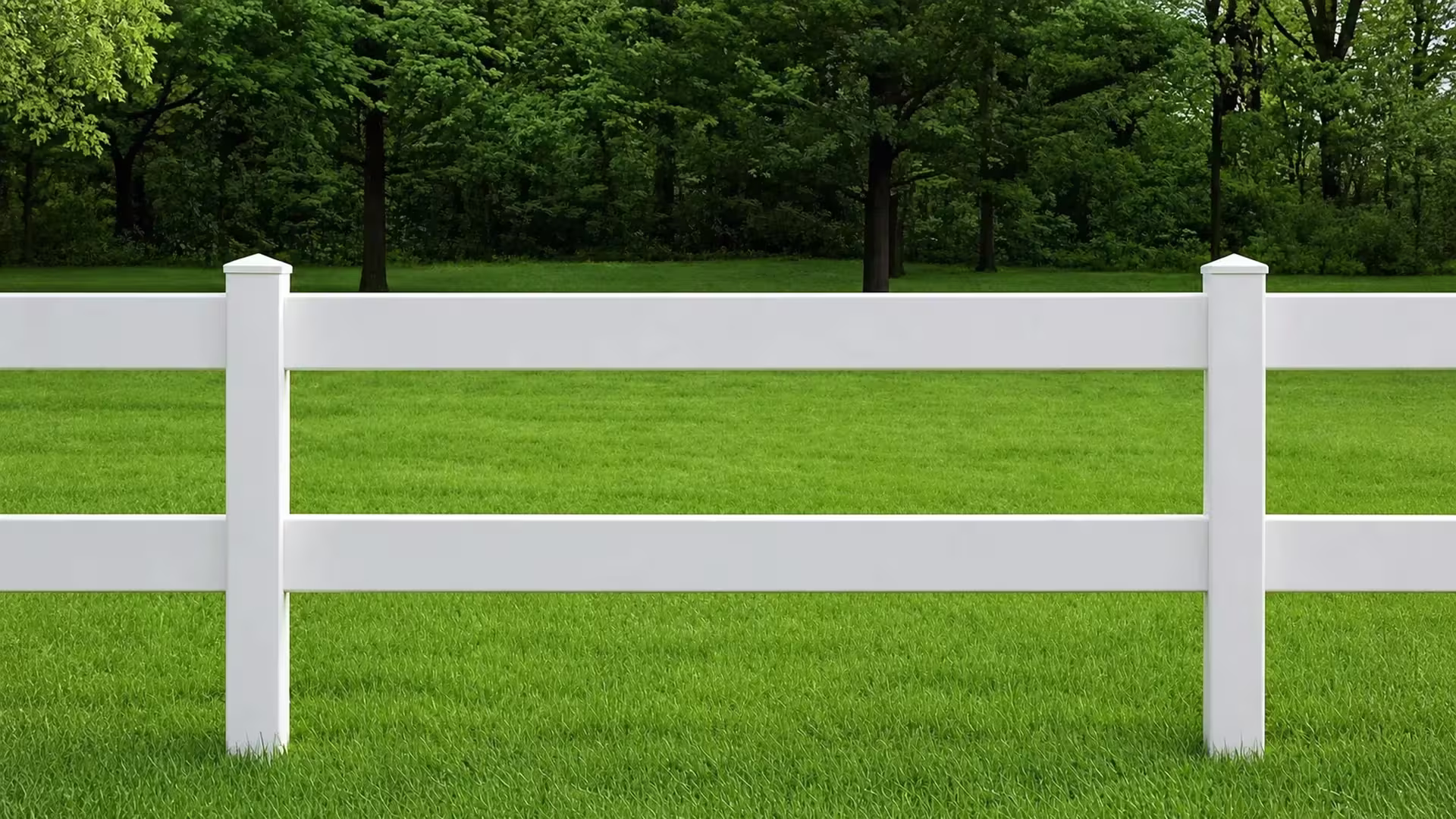 White vinyl ranch rail fencing, two rails high, crosses a lawn in front of deciduous woodland