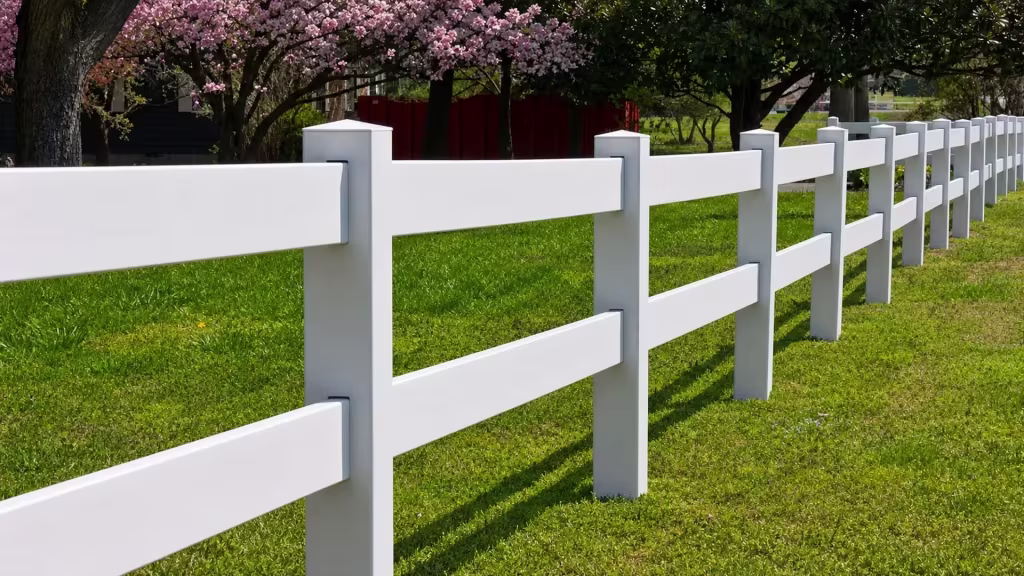 Two per span, White vinyl ranch fence rails cross a lawn near blossoming trees and a red structure