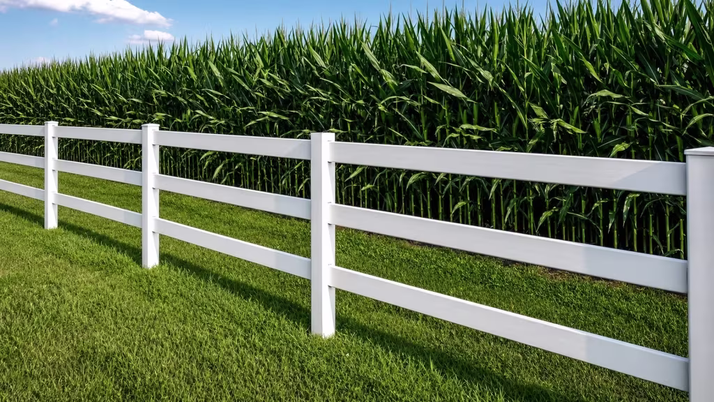 A White vinyl three-rail ranch fence runs level and straight along the edge of a dense mature cornfield