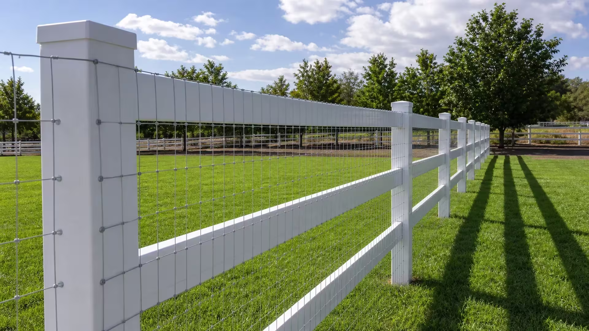 Galvanized wire mesh reinforces this White vinyl ranch rail fence enclosing an open grassy paddock under a cloudy sky