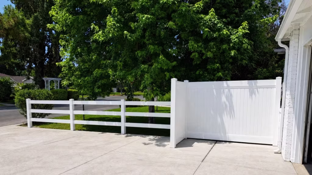 White vinyl three-rail ranch fencing stands near a driveway with three visible spans and matching posts
