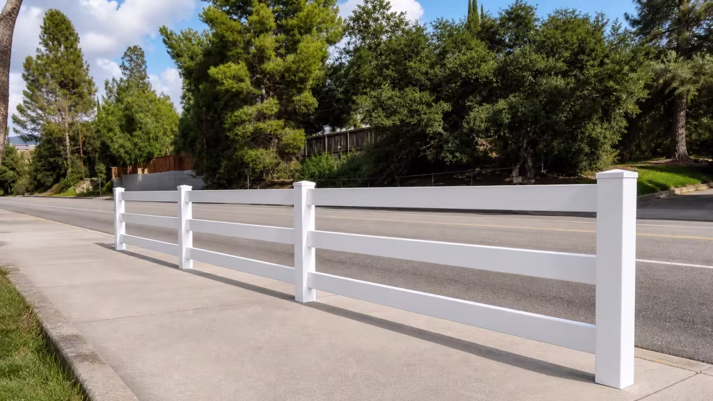 Along the road, a White vinyl ranch rail fence follows the base of a wooded, rising slope lined with mature shrubs