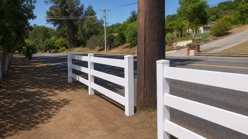 Two panels of White vinyl ranch rail fence flank a wooden utility pole beside a sloped property line