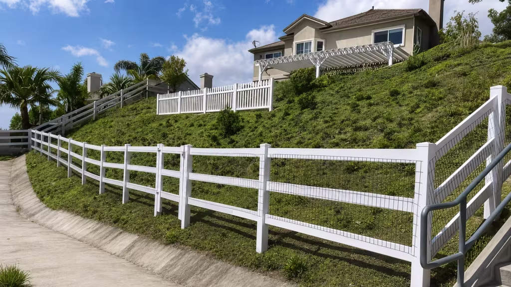 Mesh lined White vinyl ranch rails turn and climb the lower hillside beside a concrete stairway on the right