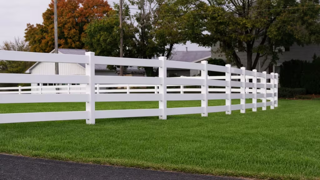 Nine visible posts carry this White vinyl fence, built with four ranch rails, diagonally across open grass near utility poles