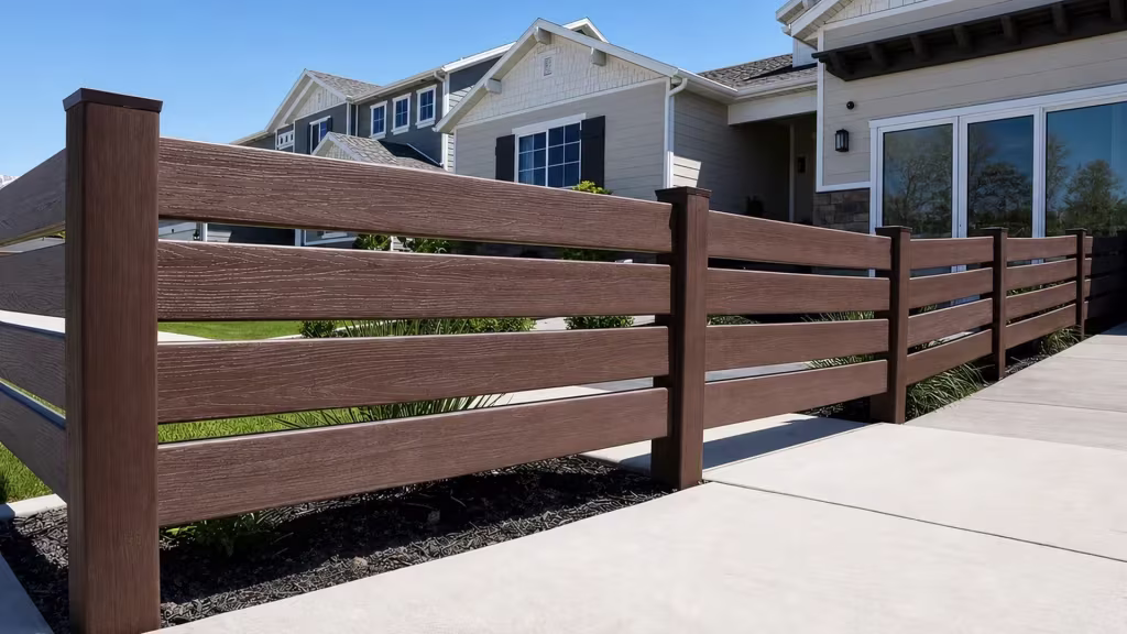 This White vinyl ranch fence, built with four rails, borders a townhouse walkway lined with planting beds and low shrubs