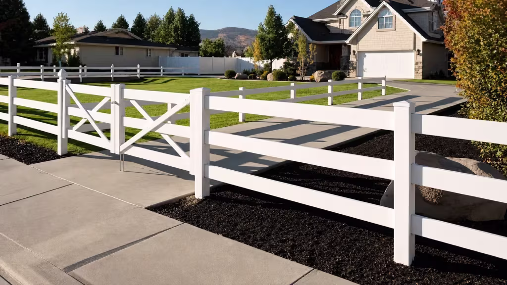 Connected White vinyl cross rail runs and corners wrap a lawn beside a house with a garage