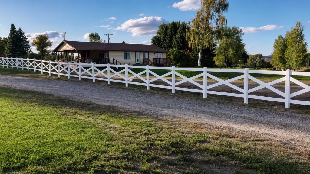 A house porch and utility poles stand behind this cross rail White vinyl fence along a gravel drive