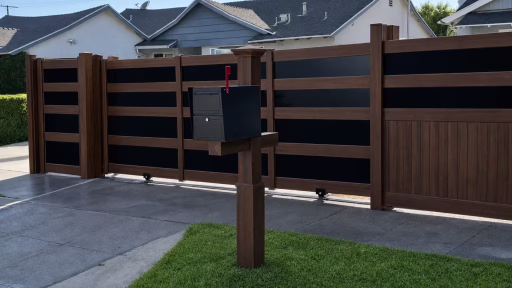 Dark Walnut vinyl rolling gate spanning a driveway beside a matching mailbox post and a trimmed hedge