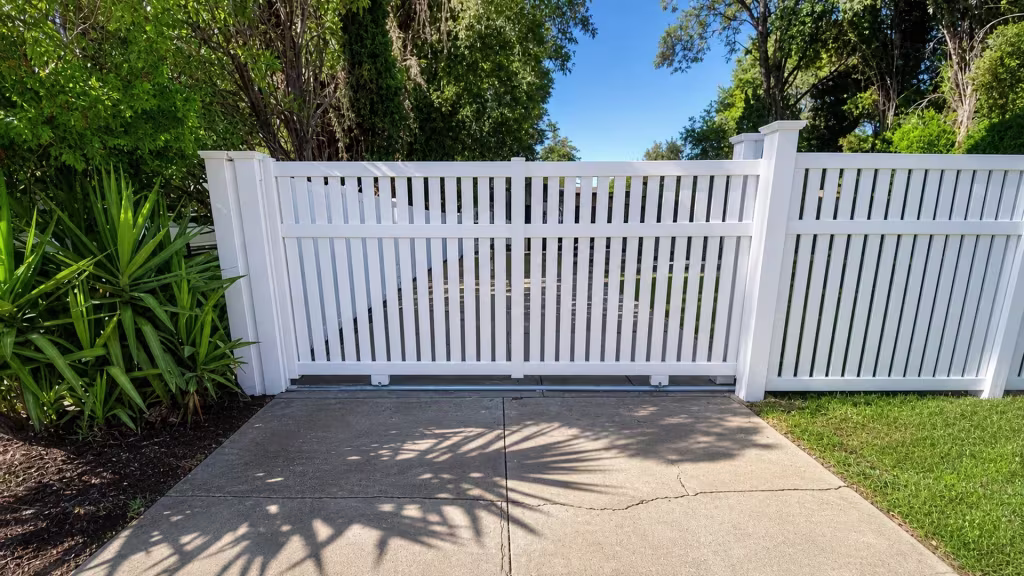 A White vinyl rolling gate with twenty-three narrow vertical slats slides across a driveway showing old seams and cracks
