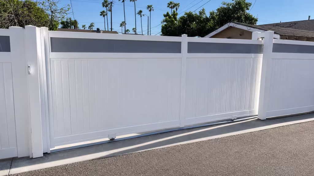 Smoke-gray acrylic bands top this White vinyl rolling gate, built from two privacy bays with tall palms rising behind it