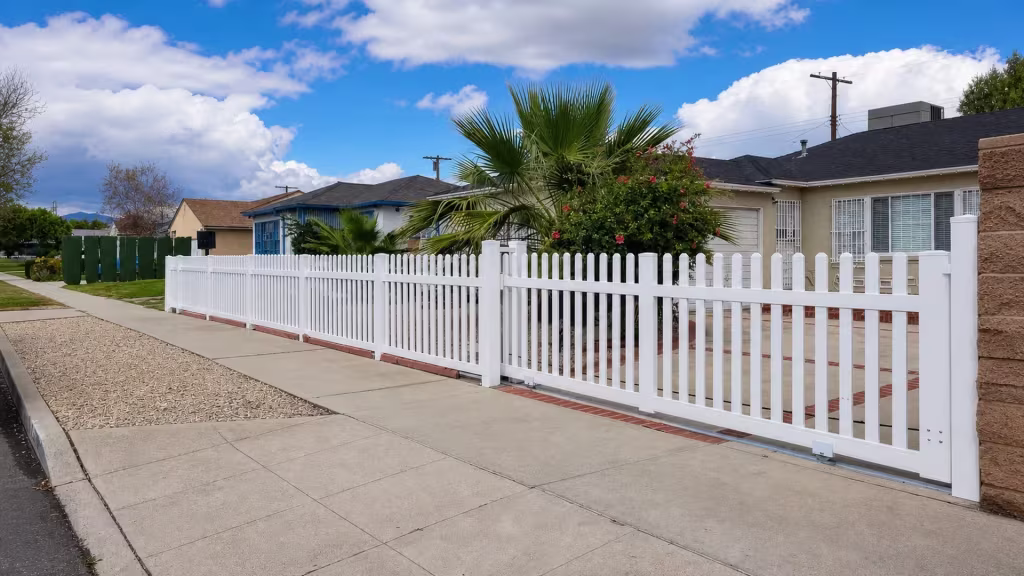 White vinyl open-picket rolling gate running from a brick-edged sidewalk to a brown masonry end wall