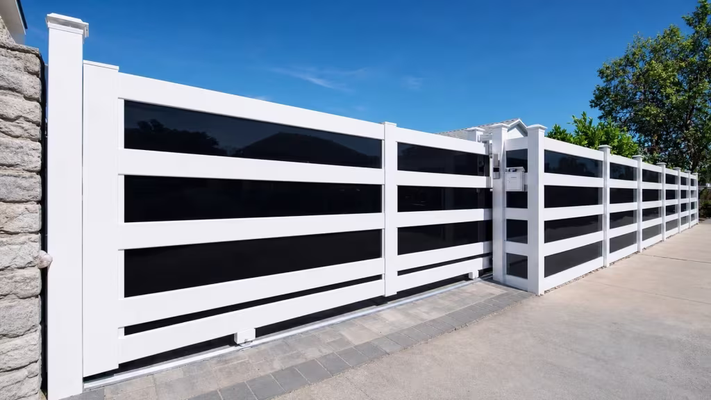 White vinyl rolling gate with smoke-black acrylic infill starting beside a stone wall and a gray-and-tan paver strip inset