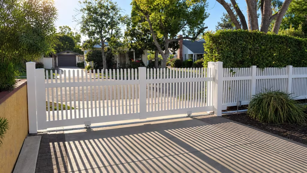 White vinyl pointed-picket rolling gate divided into three framed bays beside a pale yellow wall and hedge