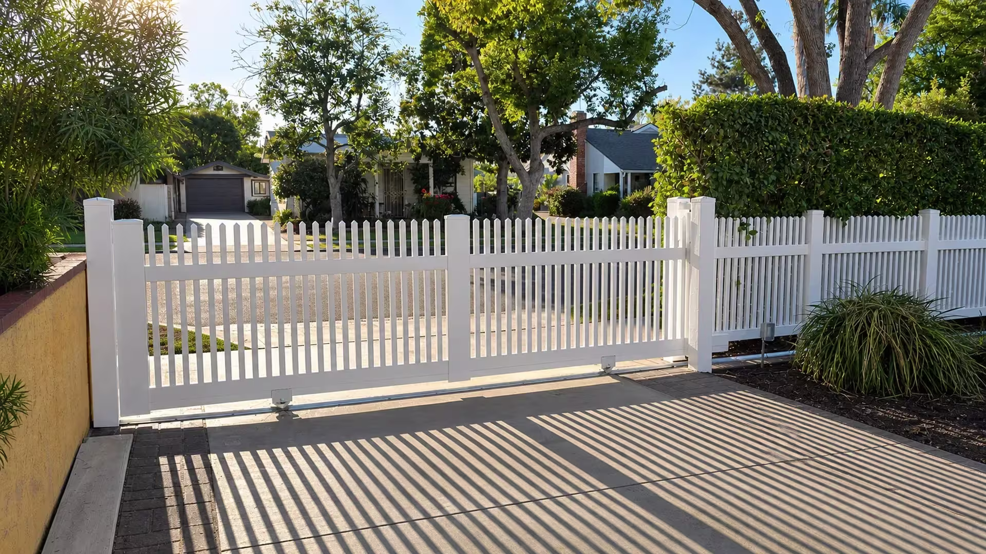 White vinyl pointed-picket rolling gate divided into three framed bays beside a pale yellow wall and hedge