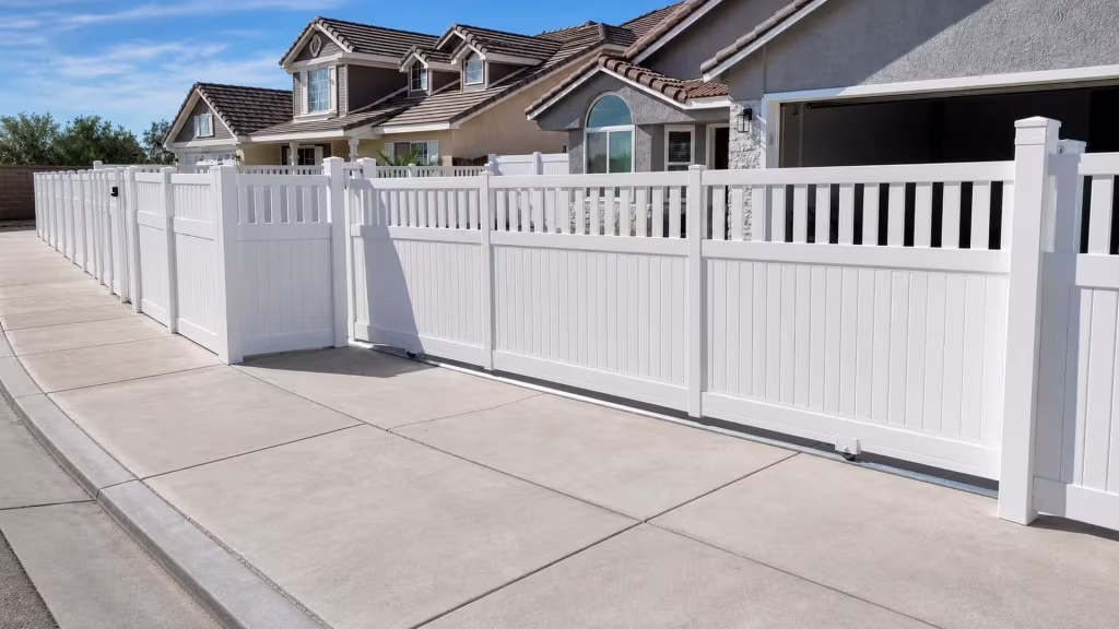 Solid privacy boards and open pickets share two matched bays on this White vinyl rolling gate