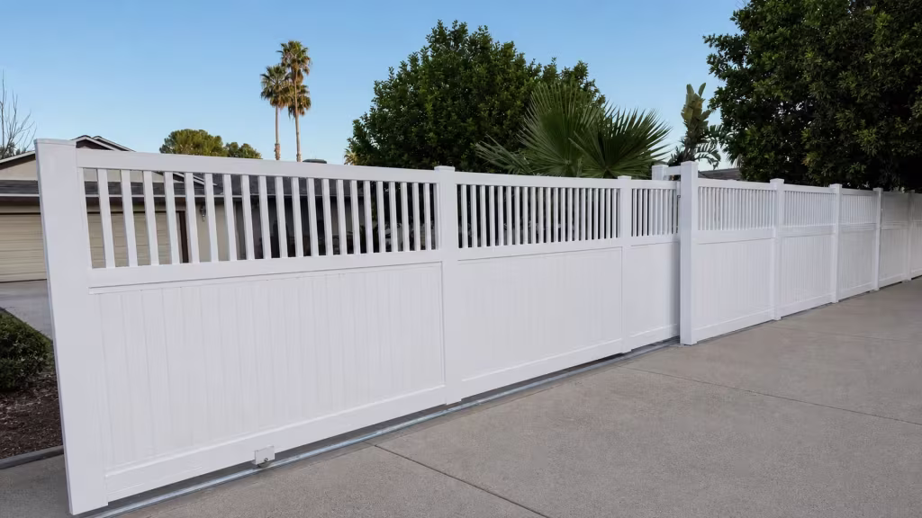 White vinyl privacy rolling gate with a picket top, its narrow end bay set beside mature fan palms