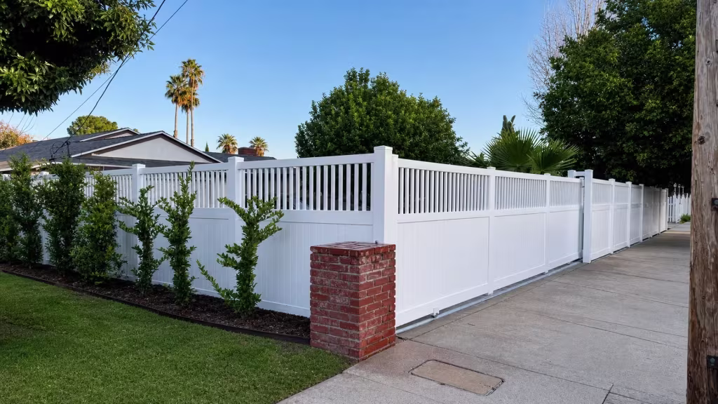 Privacy boards below and a picket top above continue on this White vinyl rolling gate past a red brick pier