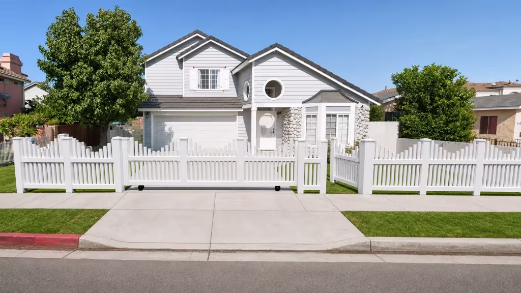 White vinyl picket rolling gate with a scalloped wave top beside a pedestrian swing gate at a stone-accented house