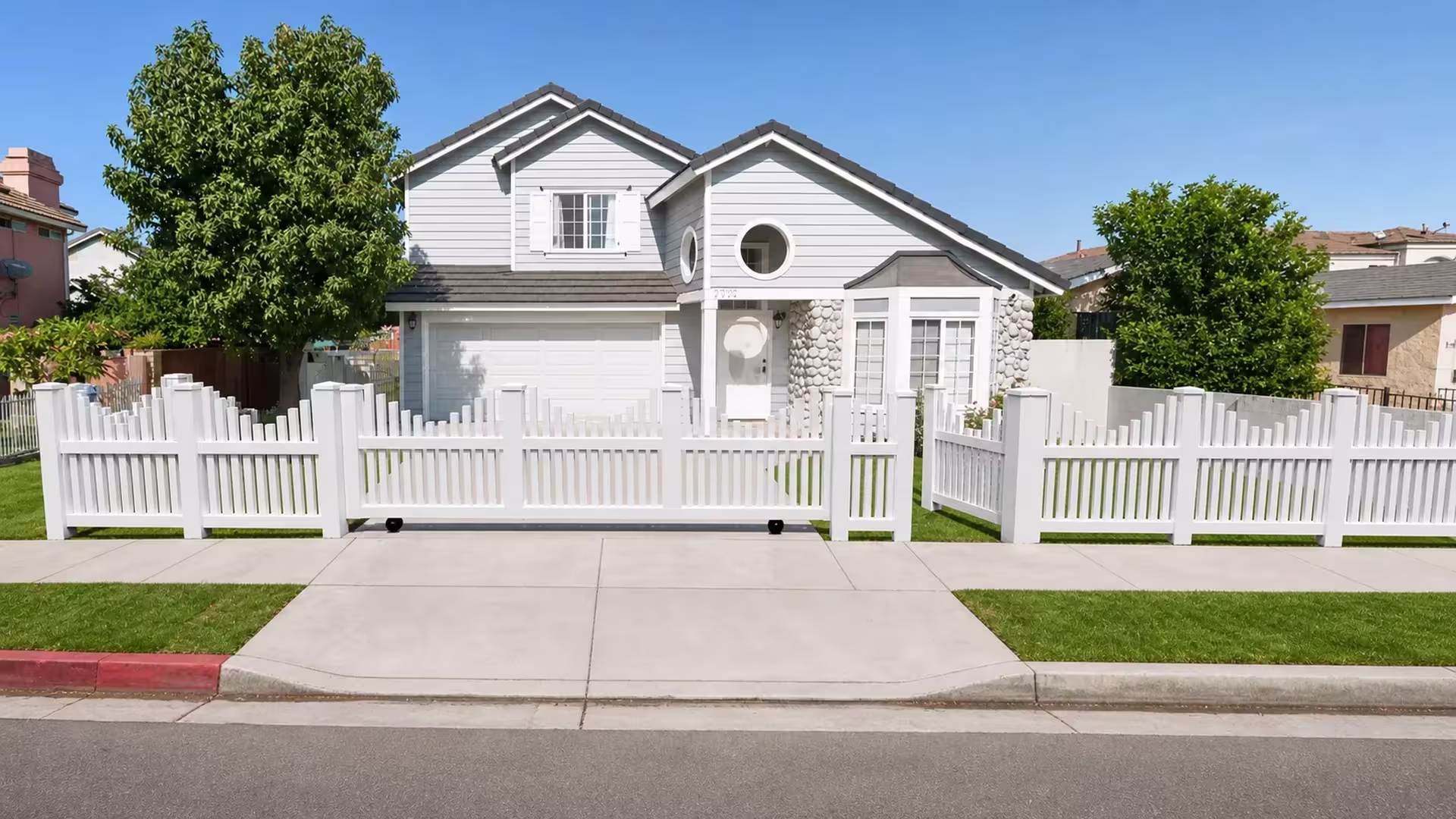 White vinyl picket rolling gate with a scalloped wave top beside a pedestrian swing gate at a stone-accented house