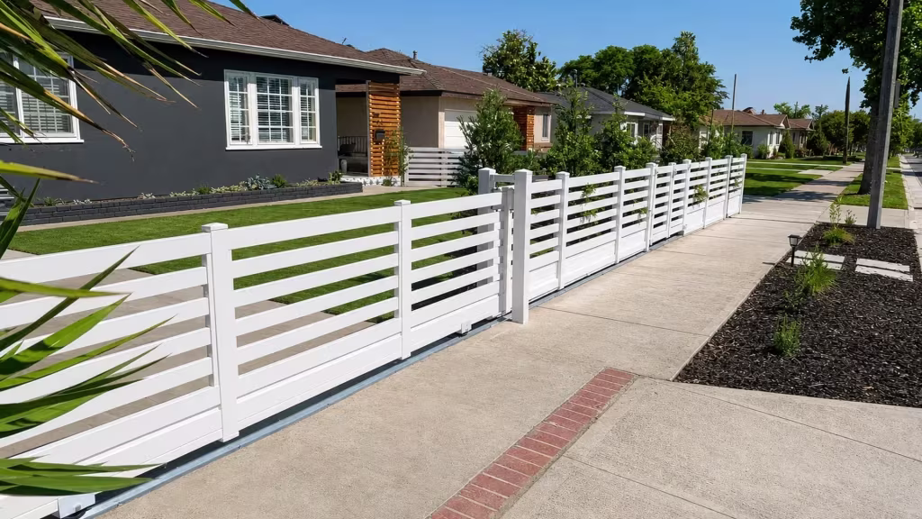 White vinyl horizontal-slat rolling gate on a ground track, fronted by a brick strip and young palms