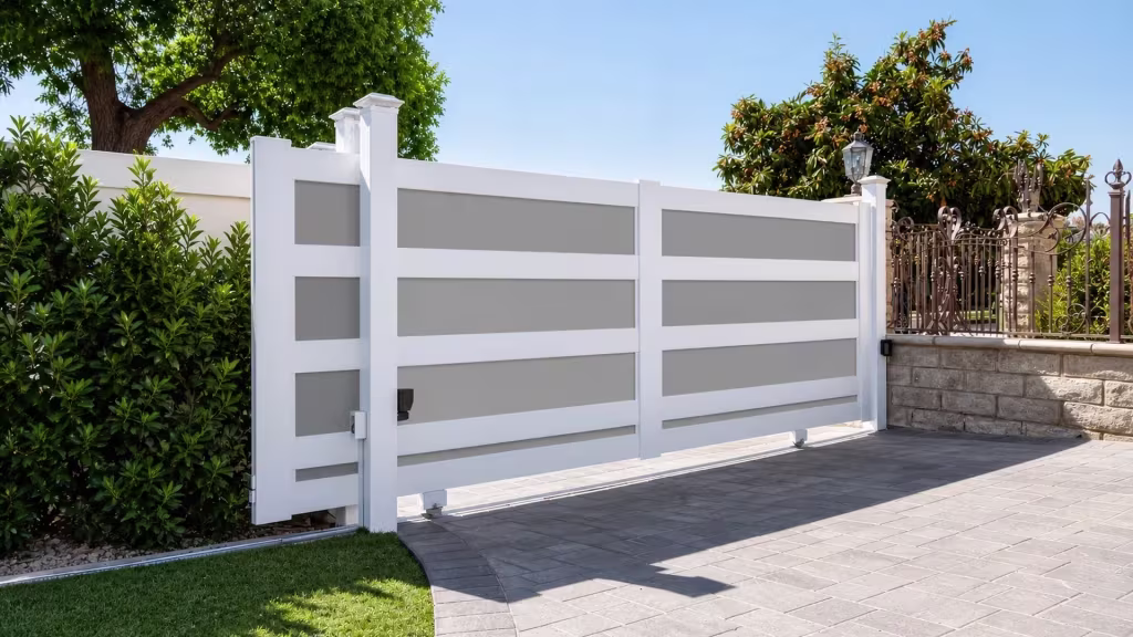 White vinyl single-leaf sliding gate crossing a paver driveway near a lantern-topped pier and low masonry wall