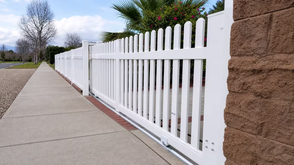 Closed White vinyl rolling picket gate on a silver track beside a tan-brown split-face masonry column