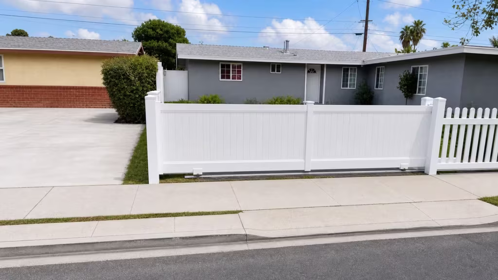 Two White vinyl rolling gate leaves meeting at a center seam of tongue-and-groove boards under overhead utility lines
