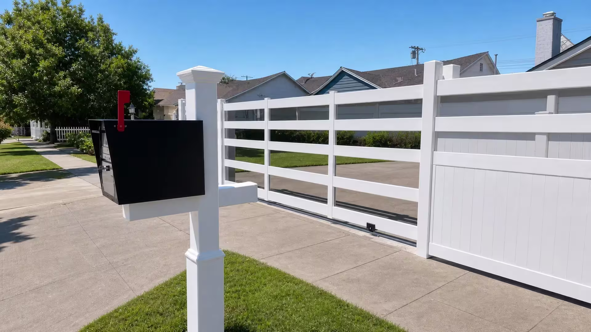 White vinyl rolling gate with five open horizontal bands passing a black rural mailbox with its red flag raised