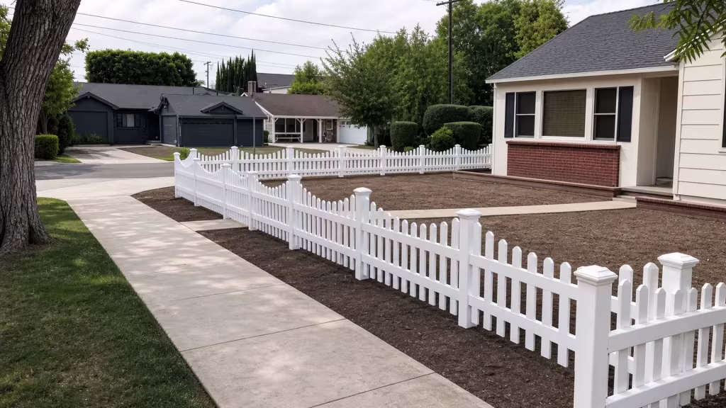 White vinyl scalloped picket fence following the sidewalk from the yard corner toward the street curb