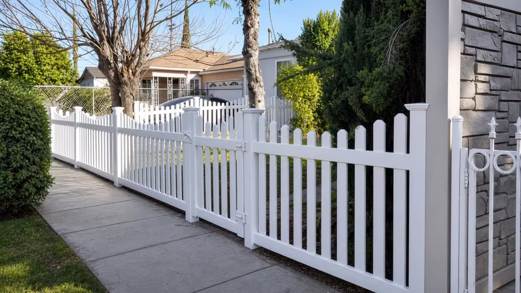A gray block wall and garage sit beside this White vinyl scalloped picket fence and its gate section