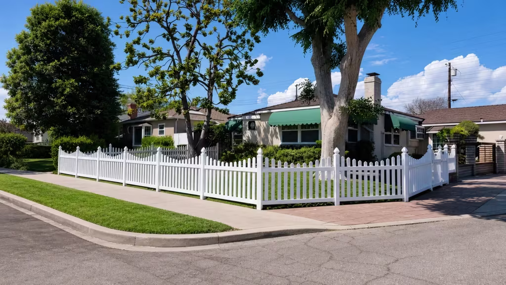 A front sidewalk turns ninety degrees into the driveway, followed the whole way by a White vinyl scalloped picket fence