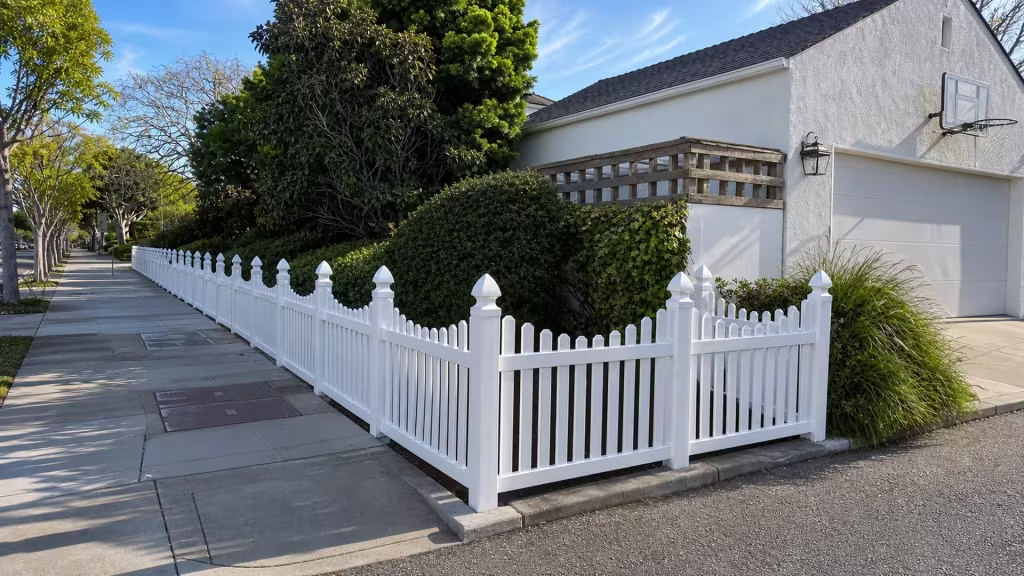 A weathered wood lattice screen stands near this White vinyl scalloped picket fence cornering the stucco house yard