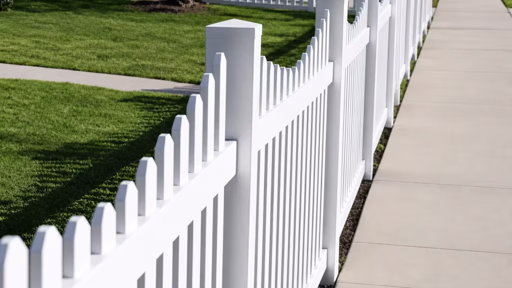 A covered front porch and a lone tree edge this White vinyl scalloped picket fence lining the front lawn