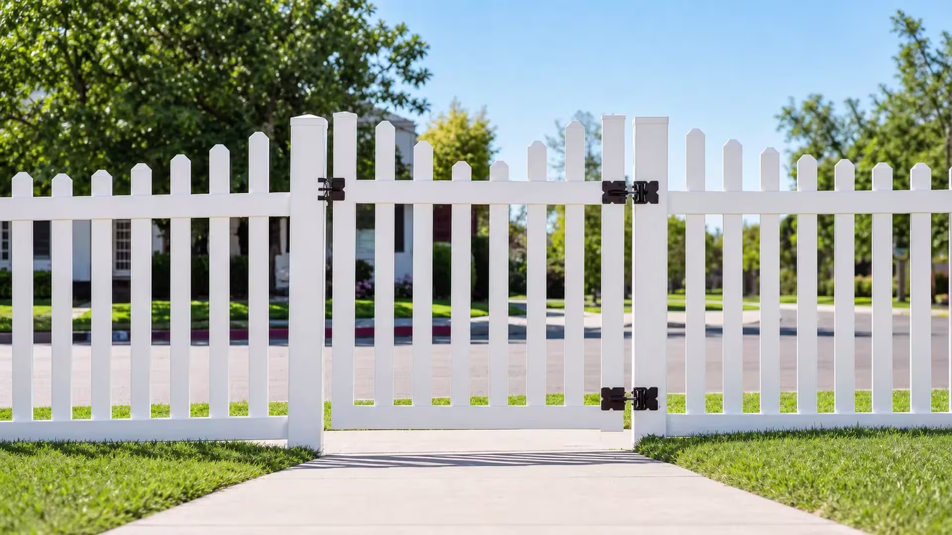 A centered pedestrian gate opens this White vinyl scalloped picket fence onto the front walkway