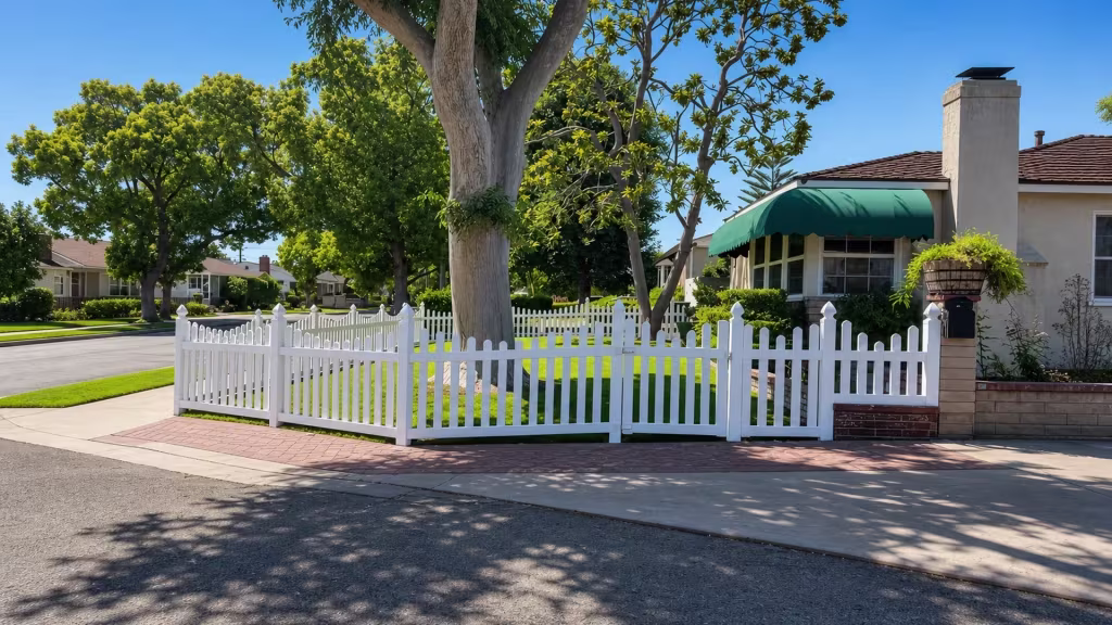White vinyl scalloped picket fence fronting a house with a green awning and a brick paved walk