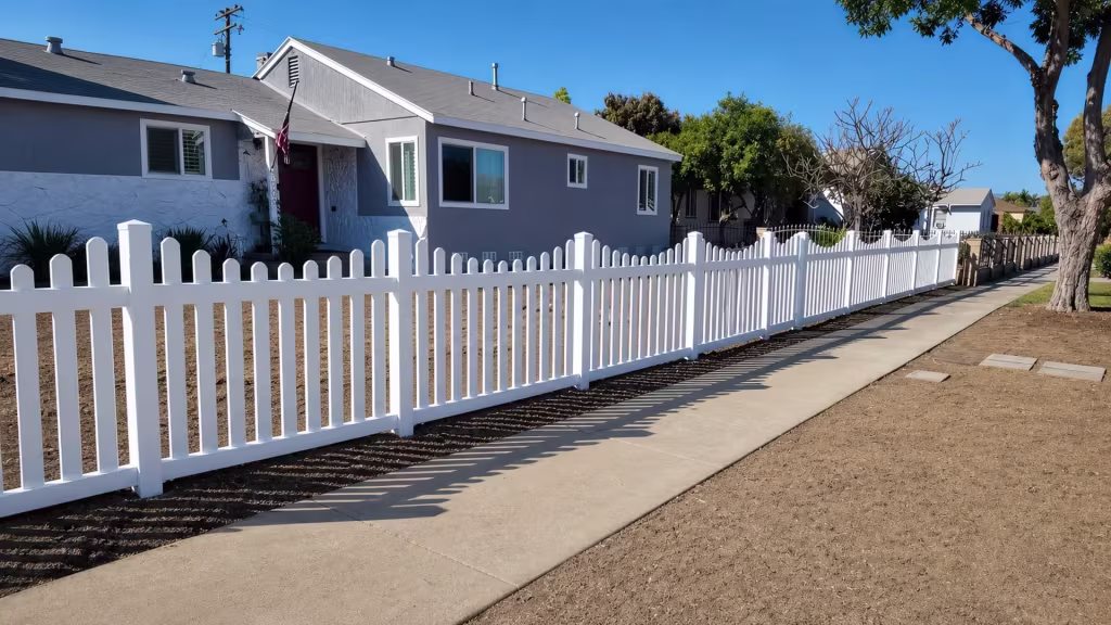 A dry graded yard stretches beside this White vinyl scalloped picket fence beneath overhead utility wires