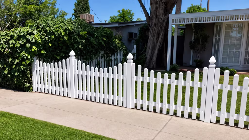 Mature tree trunks and a trimmed hedge border this White vinyl scalloped picket fence along the walkway