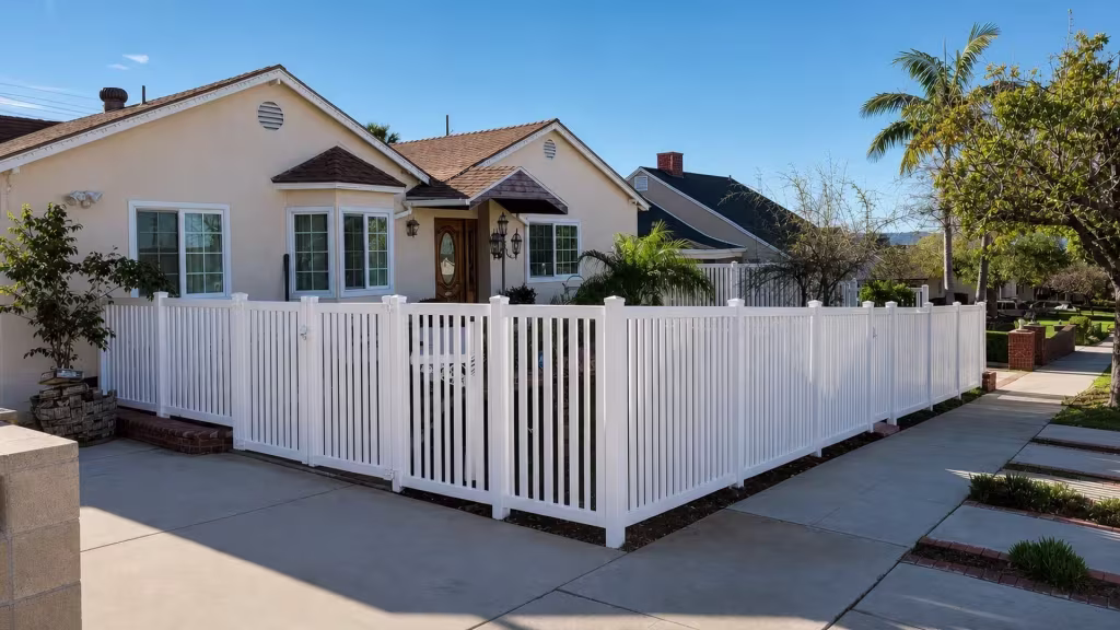 Downhill sidewalk edge lined by a Cream vinyl closed-top picket semi-privacy fence and its corner gate